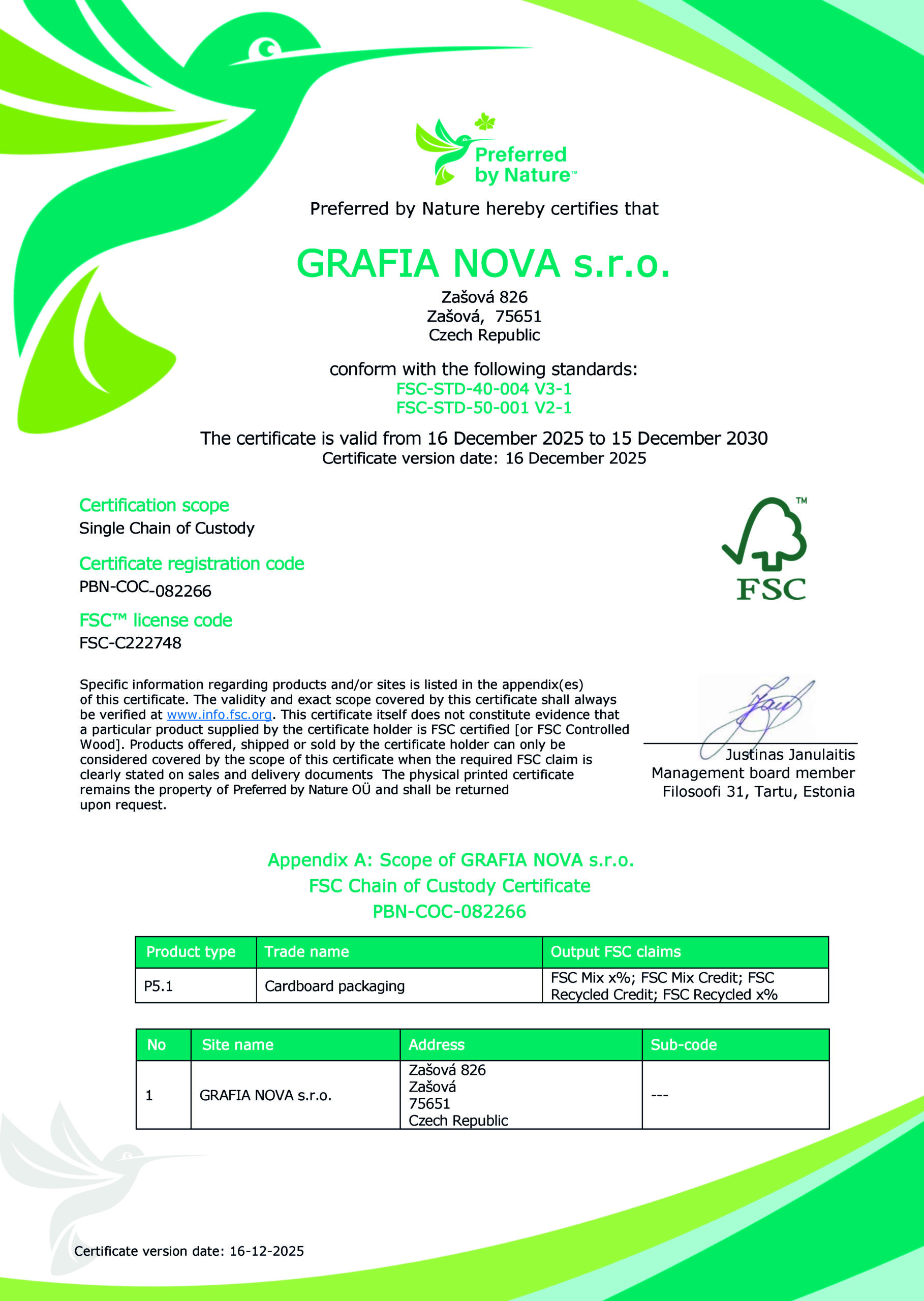 GRAFIA NOVA s.r.o. FSC COC Certificate 16.12.2025